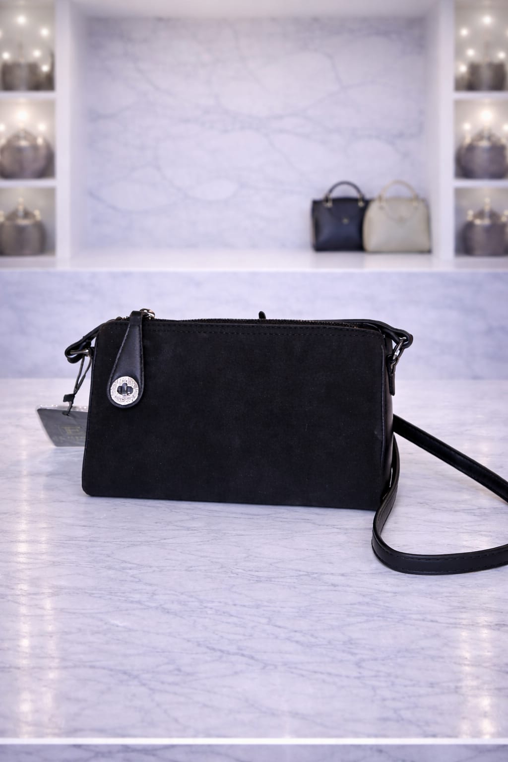 Limuccxi Black Suede Crossbody Lock Bag